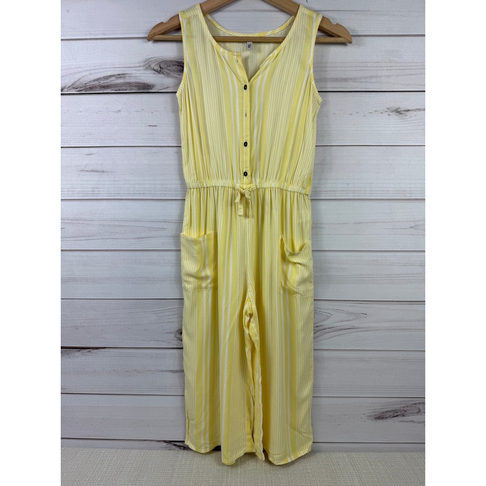 SO Yellow Striped Button Front Jumpsuit Sleeveless Casual Romper Girls M 8‎
